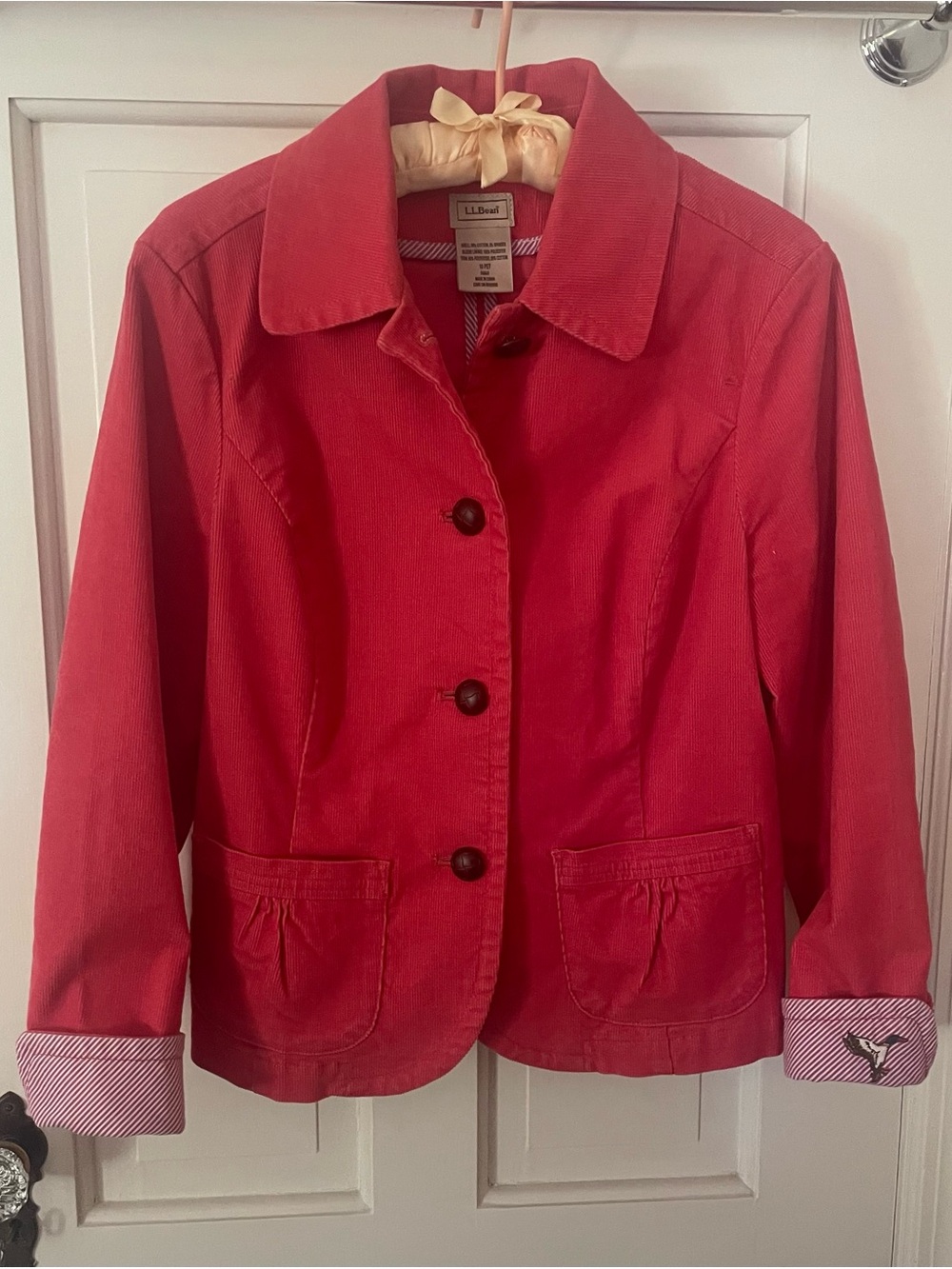 LL Bean Women’s Cotton Corduroy Coral Jacket Blazer size 10P Cropped Stretch EUC